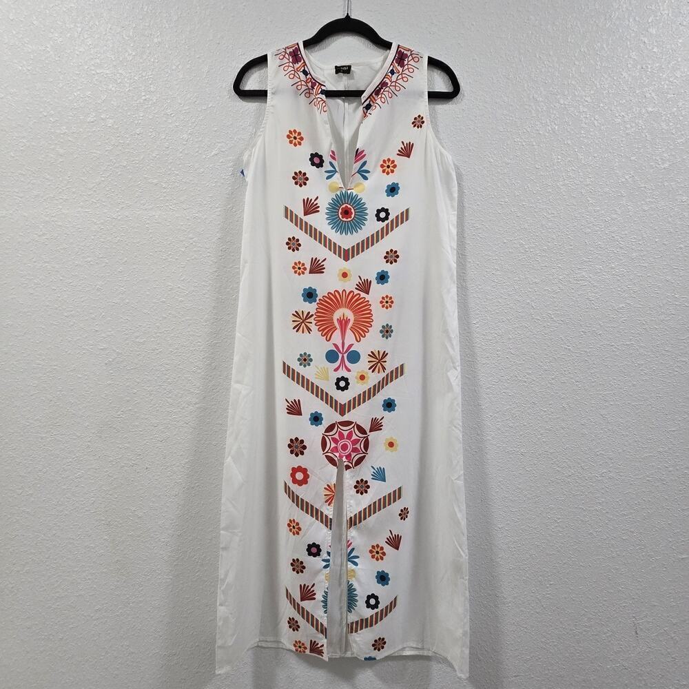 Vonda White Floral Ethnic Bohemian Sleeveless Maxi Sundres Size S Beach - Picture 2 of 10